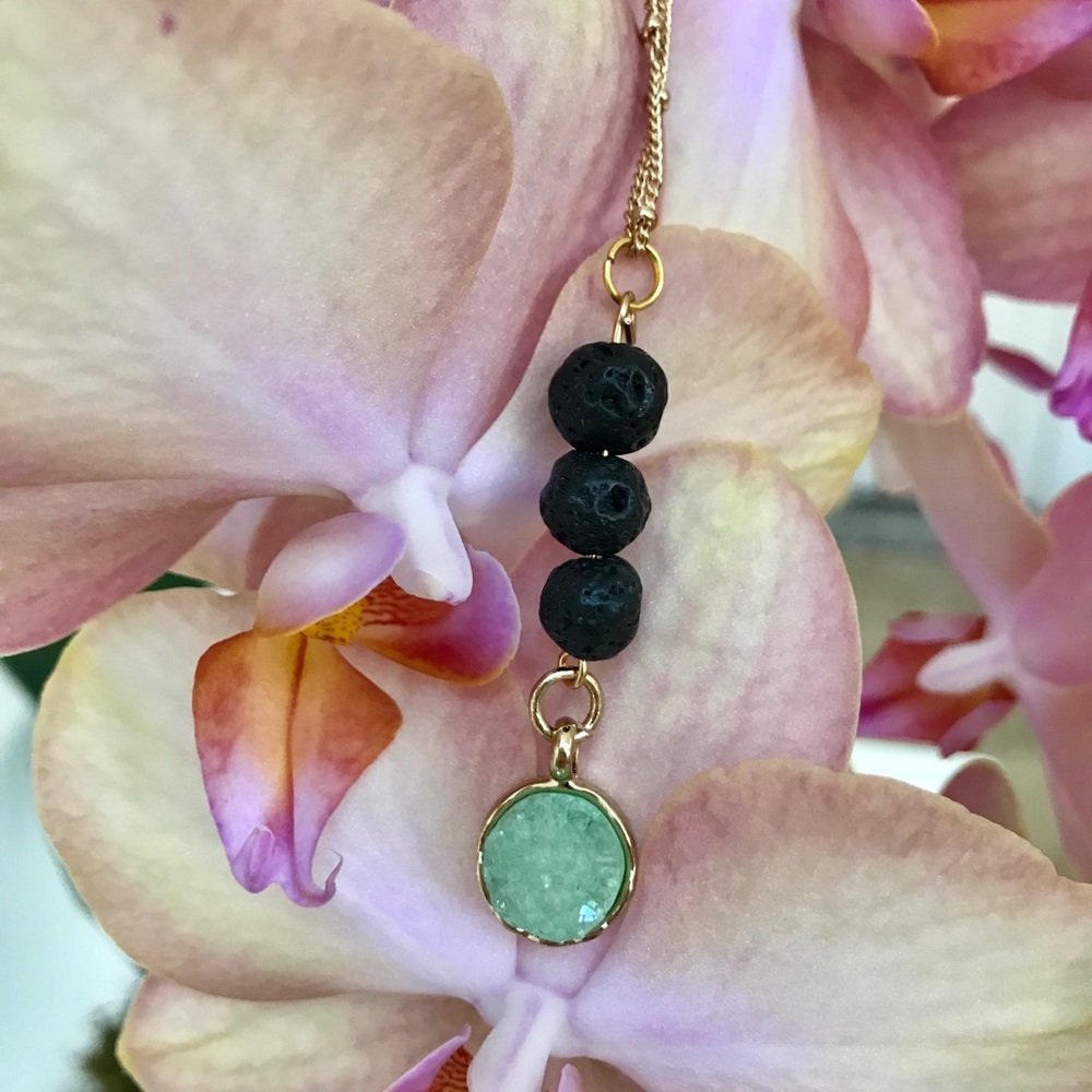 Mint Druzy with Lava Beads Necklace